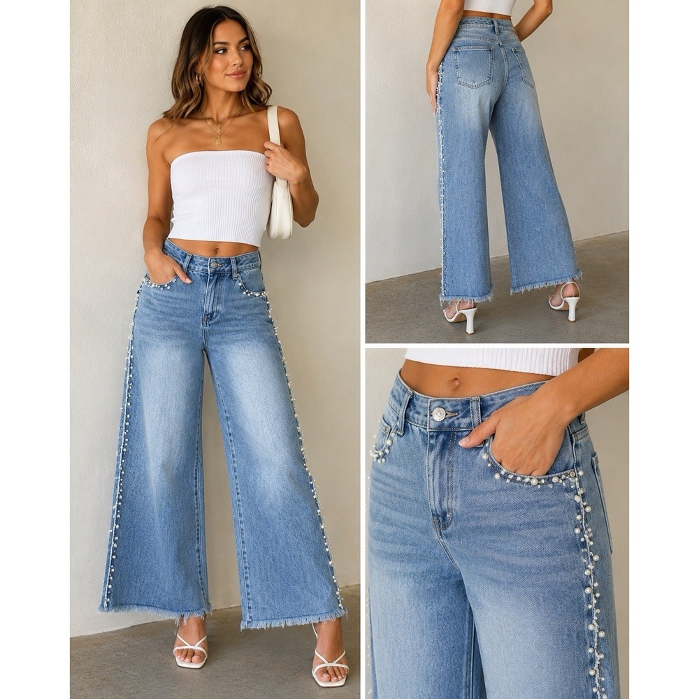 Anewsta Pearl Embellished Wide Leg Jeans Womens L Light Wash Raw Hem High Rise